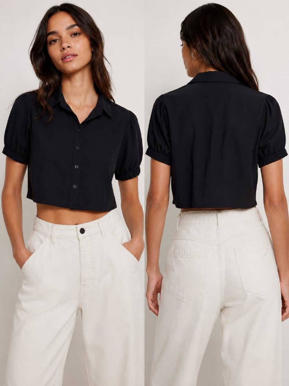 NWT Zara Women's Short Sleeve Cropped Button Down Shirt Black XS